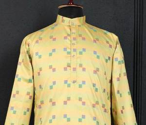 Oficina de alta calidad y recepción Botón especial Trabajo Impreso digital Hasta la rodilla Hombres Desgaste Diseñador Kurta Set para la venta en línea - Product Image 2