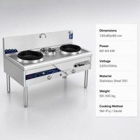 Kompor Wok Gas Komersial Dua Tungku Satu Tingkat dari Baja Anti Karat dengan Wastafel Tengah dan Keran Putar
