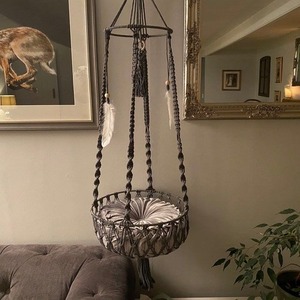 Motif solide lin chat balançoire lit suspendu tissé corde hamac support animal intérieur confortable en bois chat lit - Product Image 6