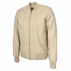 Blouson aviateur en peau de mouton véritable beige pour homme, col montant, fermeture éclair, décontracté, doux, vêtement d'extérieur d'hiver, écologique, séchage rapide, respirant - Product Image 4