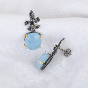 Boucles d'oreilles pendantes en argent fin et léger pour femme, aigue-marine de saphir bleu naturel, clous de pierres précieuses, bijoux fins, 925 pur - Product Image 2