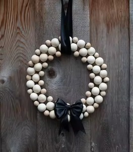 Wooden Bead <b>Wreath</b> with Black Satin Ribbon Handmade Holiday <b>Door</b> Decoration Elegant Rustic <b>Wreath</b> <b>for</b> Christmas - Product Image 1