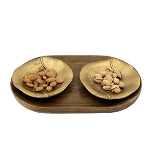 Nouveauté : Ensemble de 2 bols en aluminium pour fruits secs avec finition PVD dorée et plateau, idéal pour offrir en cadeau lors d'un mariage ou d'une fête - Product Image 1