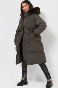 Long manteau bouffant tricoté pour femmes OEM kaki personnalisé de qualité supérieure capuche en fausse fourrure cordon de serrage taille veste d'hiver à bulles à fermeture éclair complète - Product Image 5