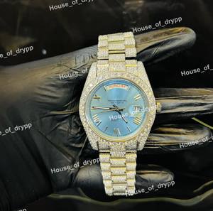 Reloj de Acero Inoxidable Automático con Esfera Azul y Diamantes Moissanite, Estilo Hip Hop para Hombre - Product Image 1