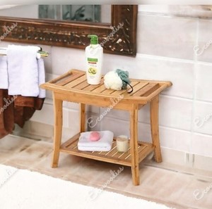 Tabouret de douche de luxe en bois de bambou organisateur de rangement de salle de bain banc extérieur intérieur à 2 niveaux pour tabouret de salle de bain Console d'incrustation d'os - Product Image 2
