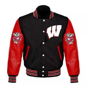 OEM Customized High Quality Men's Premium Leather Jacket with <b>Covered</b> <b>Button</b> Closure Premium Lettering Baseball Jacket Made USA - Product Image 5