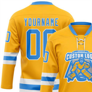 OEM Fabricación personalizada al por mayor Custom Gold Powder Blue-White High Quality Hockey Lace Neck Jersey - Product Image 6