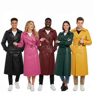 Trench-coat unisexe long noir en simili cuir véritable avec logo personnalisé manteau ceinturé à double boutonnage vêtements d'extérieur à la mode d'hiver classique - Product Image 3