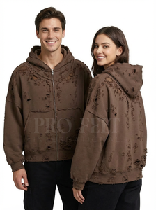 Custom Made Puff printed Logo Design Distressed Hoodie with Zipper Oversized Casual Frayed Edges Front Pockets Zipper Hoodies - Product Image 5