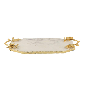 Modern White Marble Serving Tray Gold Twisted Leaf Metal Handles Elegant Decorative Tabletop Kitchenware for Wedding Home Decor - Product Image 1