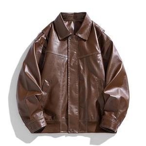 Veste de vélo en cuir PU pour hommes coupe ample grande taille rabattue non tissé fini vêtement teint en polaire chauffante - Product Image 2
