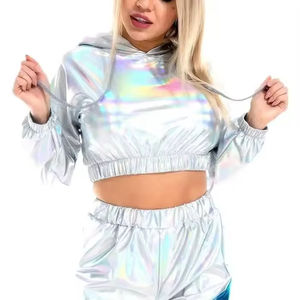 Sweat-shirt court réfléchissant métallique personnalisé à prix avantageux pour femmes, style pull, streetwear décontracté, haut tendance, vente en gros - Product Image 3