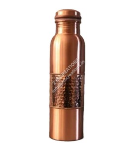 Handmade Customized Copper Metal Water <b>Bottle</b> with Lid Shiny Polished Pure Copper Hammer Designs for Camping Made in India - Product Image 2