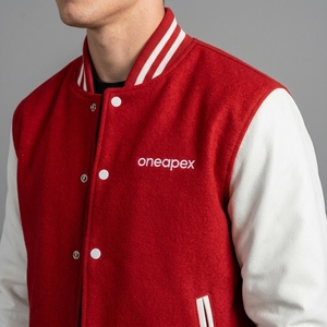 Prime <b>Red</b> White Letterman Jacket <b>Wool</b> Body Leather Sleeves Rib Knit Collar Cuffs Snap Front Custom Logo Streetwear Outerwear Set - Product Image 4