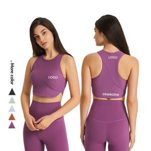 Sujetador deportivo acanalado para mujer al por mayor, Top corto de entrenamiento, camiseta sin mangas transpirable para Yoga, 100% de algodón, ropa deportiva de colores personalizada - Product Image 1
