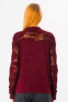 Blouse élégante en tricot à col polo pour femme - Motif rose, dentelle, manches longues, blanc, chic, tricot