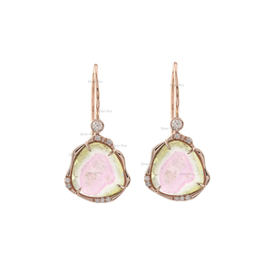 Cocktail Pastèque Tourmaline Pierre Précieuse Diamant Non Formé Dangle Crochet Solide 14K Or Bijoux Productible en 10K/18K - Product Image 5