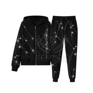 Ensemble de survêtement long en deux pièces pour femmes, en tissu uni avec strass, design élégant et confortable pour l'hiver - Product Image 1