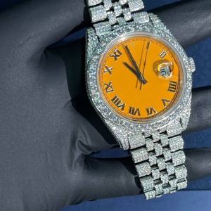 Reloj de Diamantes Iced Out, Acero Inoxidable, VVS1, Moissanita, Números Romanos, Esfera Naranja, Lujo al por Mayor - Product Image 1