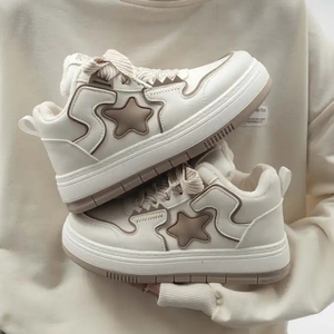 Sneakers plateforme à lacets de haute qualité, bout rond blanc, avec patch étoile, dessus en PU, semelle en caoutchouc, toutes saisons - Product Image 1
