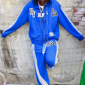 OEM Custom Unisex Streetwear Printed Acid Wash Sweat Suit Thick Cotton Zip-Up <b>Hoodie</b> Sweatpants Applique Embroidery Patch Stripe - Product Image 3