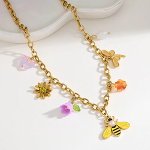 Ensemble de bijoux pendentif abeille élégant pour femmes avec perle et incrustation de zircon Collier en acier inoxydable plaqué or 18 carats Bracelet Boucles d'oreilles - Product Image 5