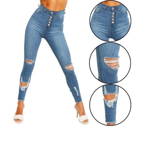 Moda Trendy Street Mujer Nuevo modelo Pantalones Sueltos Algodón Denim Cintura media Botón Bolsillos Pierna ancha Jeans rasgados de BD - Product Image 2
