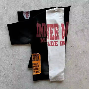 Camiseta personalizada de algodón 240GSM para hombre, camiseta con panel desigual dividido, pantalones cortos sueltos con lavado ácido Vintage, diseño de impresión de manga - Product Image 3