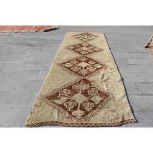 Turkish Runner Rug 4.2x12.4 ft, Vintage <b>Brown</b> Southwestern <b>Wool</b> Rug - Product Image 1