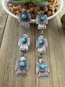 Làm bằng tay kingman Turquoise Ba Bạc Thunderbird dangle Bông tai - Product Image 2