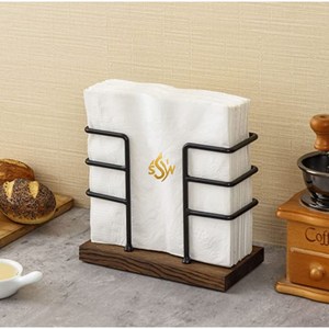 Porte-serviettes à la mode Base en bois brun Fer noir Design géométrique Porte-serviettes de rangement pour la cuisine et la maison Utilisation de la table à manger - Product Image 1