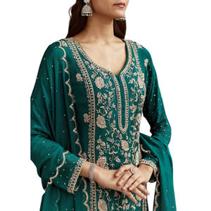 Vente en gros de sequins vert sarcelle Cutdana Kurta Sharara avec Dupatta pour réception de fête de mariage et commande ethnique personnalisée - Product Image 4