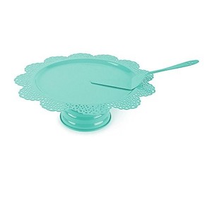 แท่นวางเค้กโลหะสีเทอร์ควอยส์พร้อมขอบลูกไม้ถาดโชว์ขนมหวานทรงกลมหรูหราสำหรับงานแต่งงานและของตกแต่งบ้าน - Product Image 3