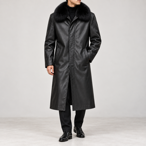 OEM <b>Men's</b> Long Faux Leather Trench Coat <b>Winter</b> Fleece Lined Single Breasted Button <b>Overcoat</b> Custom - Product Image 1