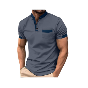 Polo pour hommes personnalisé avec bouton à l'avant 100% coton col en V pour manches courtes décontracté coupe ajustée motif solide épissage design tricoté - Product Image 1