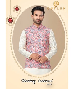 ThobeKurta d'hiver en coton pour homme en tissu de mariage avec pyjama court de style poulet Pathani et chaîne de boutons de col élégante - Product Image 3
