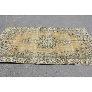 Alfombra de Lana Vintage Verde Dorado de 4.7 x 8.8 pies, Ecológica, Tradicional, de Gran Tamaño para Comedor, Estilo Turco Aubusson, con Diseño de Patchwork y Látex - Product Image 3