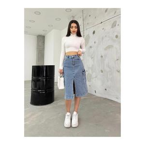 Gonna in Denim Midi con spacco a vita alta con tasche Cargo blu