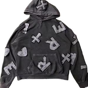 100% algodón Logo ácido lavado sudaderas con capucha para hombres Sun Faded Vintage apenado bordado parche 3D patrón cremallera completa, calle - Product Image 1