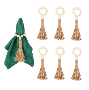 Rond de serviette perlé en bois décorations de table de fête de mariage ronds de serviette en bois ensemble de 6 perles de ferme rond de serviette - Product Image 3