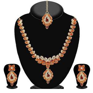 Kriaa 2100202 Fine Jewelry Set <b>Orange</b> Stone Necklace and Gold Plated Maang Tikka Copper Material for <b>Gifts</b> - Product Image 1