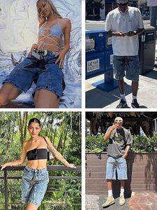 Pantalones cortos de mezclilla de retazos para hombre, pantalones vaqueros de estrella de pierna recta, ropa de calle Unisex, pantalones cortos de Hip Hop Y2K para mujer - Product Image 4