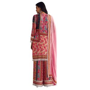 Conjunto de seda atigrado rosa con estampado floral Kurta Palazzo con bolsa Potli, venta al por mayor de Ropa Étnica para mujer, fábrica de ropa OEM, proveedor a granel - Product Image 5