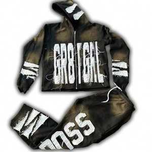 Meilleure vente deux pièces lourd automne Streetwear survêtement 100% coton coupe-vent respirant Logo personnalisé solide motif conception - Product Image 1