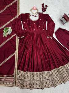 Ensemble de robe Anarkali en brocart royal marron avec dupatta pour mariage, tenue de soirée et occasions festives - Product Image 3
