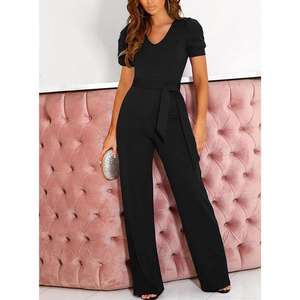 จั๊มสูทเอวสูงคอวีแขนสั้นของผู้หญิงกางเกงลำลองขากว้างคาด2025 - Product Image 3