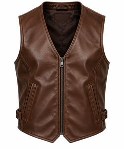 Men's <b>Brown</b> PU Leather Moto <b>Vest</b> V-Neck Zipper Closure Regular Fit Solid Color Outerwear - Product Image 1