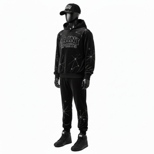 ชุดวอร์มฤดูหนาวคุณภาพสูงสำหรับผู้ชาย ผ้าฟลีซเนื้อนุ่ม สีดำ แผงหน้าอกและขาเสื้อพิมพ์ลายโลโก้ด้วยความร้อน  ชุดวอร์มไซส์ใหญ่ - Product Image 4