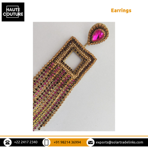 Pendientes de borlas de piedra de cadena fucsia de diseño elegante hecho a mano de 13cm de largo para mujeres y niñas, ropa de fiesta de noche bordada a mano - Product Image 4